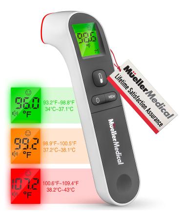 Mueller Non-Contact Infrared Thermometer for Adults and Kids Thermometer for Fever Body and Surface Memory Recall Auto Power-Off with Backlight Indicator Gray