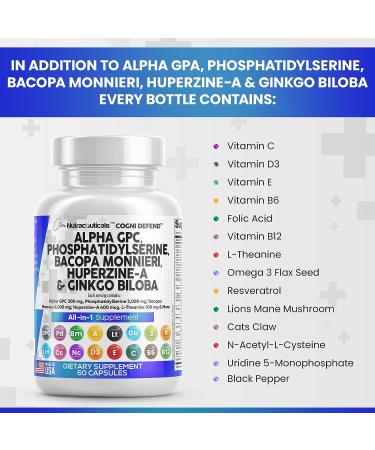 Brain Boost Supplement - Alpha GPC Choline 300mg, Phosphatidylserine 3000mg, Bacopa Monnieri 6000mg, Ginkgo Biloba 2000mg, Huperzine A 400mcg with L-Theanine, Uridine, Lions Mane, Cats Claw, NAC, Vitamin C, B, D, E - Made in USA - Buy Online on GoSupps.com