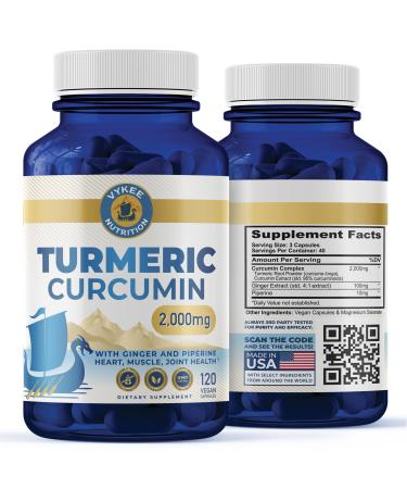 Vykee Nutrition Turmeric Curcumin 2 000mg with Ginger & Piperine High Potency 95% Curcuminoids Enhanced Absorption and Joint Support Vegan Non-GMO 120 Capsules