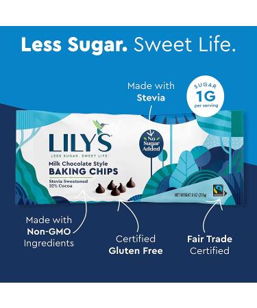 Lily's Sweets Milk Chocolate Style Baking Chips | Stevia Sweetened, Low-Carb, Keto Friendly | 32% Cocoa | Fair Trade, Gluten-Free & Non-GMO | 9 Oz 3 Pack - Buy Online on GoSupps.com