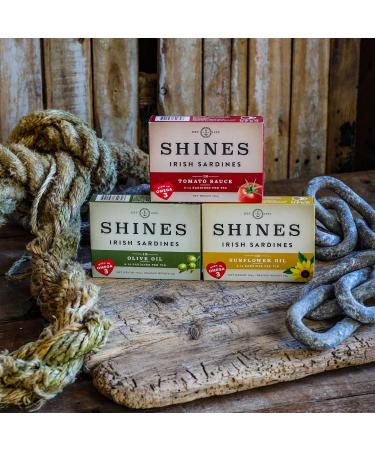 Pack of Shines Irish Tinned Sardines - 3 Flavours Tomato Sauce Olive Oil and Sunflower Oil - Pilchards - Low Carb and High Protein - Canned Fish High in Omega 3 - 3x 106g Cans - Buy Online on GoSupps.com