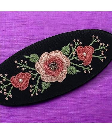 Rose Flower Pattern Embroidered Oval-Shaped French Hair Barrette Clips Poppy Flower Design Fashion Embroidered Cute Hair Clips Colorful Embroidered Hair Barrettes for Girls and Women (Black 1) - Buy Online on GoSupps.com