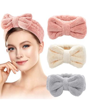 MIMITOOU Spa Headband 3 Pack Bow Hair Bands Women Facial Makeup Headbands Soft Coral Fleece Elastic Head Wraps for Bathing Shower Skincare Washing Face Pink+Beige+Gray