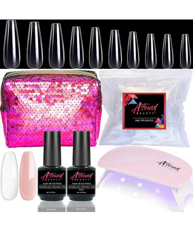 Gel X Nail Kit - 2 in 1 Nail Glue and Base Coat with Clear and Apricot Color, 500Pcs Coffin Nail Tips and UV Lamp - All-in-One Gel Nail Kit