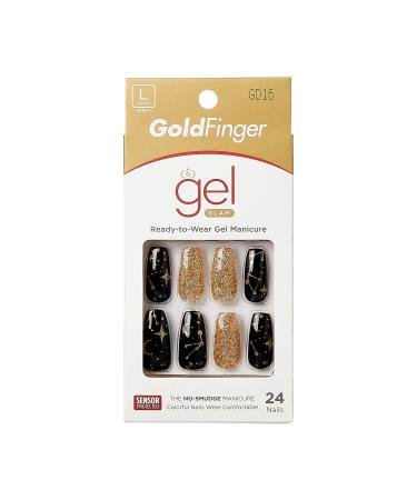 Gold Finger Gel Glam Design Nail  Press On Nails  Gel Nail Kit  Polish Free Manicure Long Length (GD16)