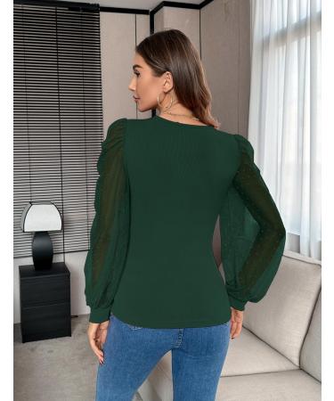 Fayenne Womens Tops Deep V Neck Cross Wrap Sexy Tops Polka Dot Mesh Long Sleeve T Shirt Casual Blouses S Dark Green - Buy Online on GoSupps.com