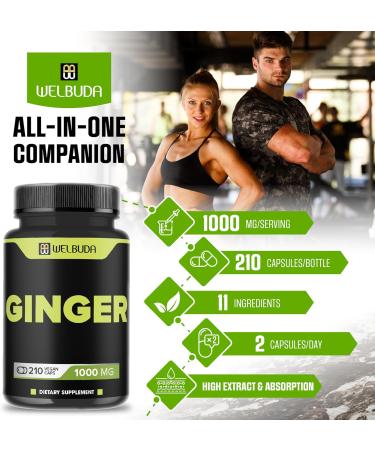 WELBUDA 1000mg Ginger Supplements Capsules with Berberine HCl Elderberry Echinacea & More - 11in1 Support Digestion Joint Health Immune System and Heart Health - 210 Ginger Pills - Buy Online on GoSupps.com