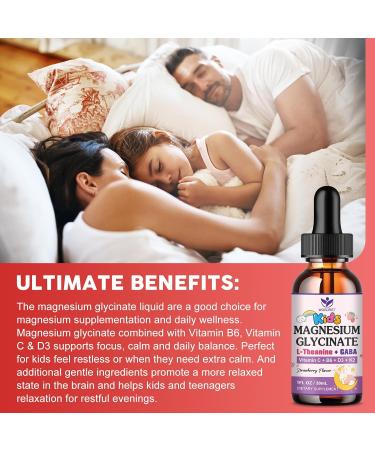 Magnesium Glycinate Drops for Kids - Relaxation & Cognition Support - 200mg Liquid Magnesium Glycinate Supplement with L-Theanine GABA B6 D3 K2 - Sugar Free Strawberry Flavor - 1 Fl Oz (2 Pack) - Buy Online on GoSupps.com