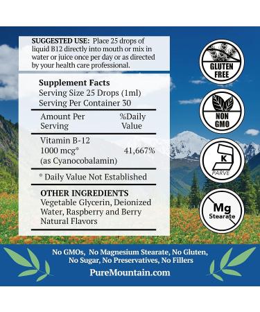 Pure Mountain Botanicals B12 Vitamin 1000 mcg Kosher Drops - Natural Berry Flavor - 1oz Bottle - Buy Online on GoSupps.com