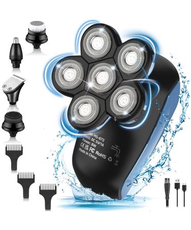 Head Shaver for Men 6D 6 in 1 Rotating Electric Shavers for Bald Men Wet & Dry USB Rechargeable IPX7 Waterproof 100% Washable Professional Rotary Shavers Cordless Beard Trimmer MS-672 Blue
