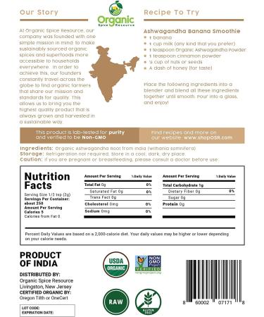 Organic Ashwagandha Root Powder - Lab Tested for Purity | Non-GMO Indian Ginseng from India - 1.10 lbs Resealable Bag by SHOPOSR - Buy Online on GoSupps.com