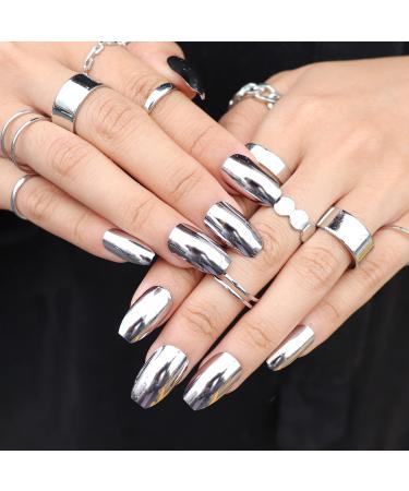MISUD Medium Coffin Press on Nails  Glossy Silver False Nails  Chrome Metallic Stick on Nails  Full Cover Fake Nails for Women and Girls 01-O