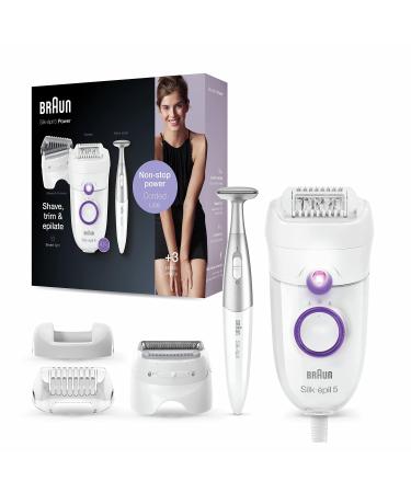 Braun Silk- pil 5-825 Power electrical epilator for women gentle hair removal uninterrupted energy with cable raspic and trim cap bikini zone white / white / violet uninterrupted energy with cable lawn head and trim cap bikini zone