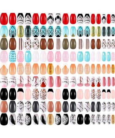 Maitys 216 Pieces Short Coffin Press on Nails Ballerina False Nails Glitter Glossy Full Cover Artificial Nail Colorful False Nail for Nail Salon Art DIY Nails Decoration Women Girls (Elegant Pattern) Delicate Pattern