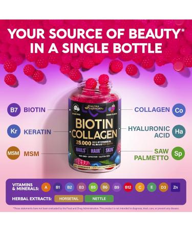 Biotin Gummies with Collagen - Hair Growth Support Skin & Nail Strength - for Women & Men - Biotin 10000mcg | Keratin | Hyaluronic Acid | B-Complex | Saw Palmetto - Sugar-Free Mixed Berry - 60 Gummy Mixed berry 60 Count (  - Buy Online on GoSupps.com