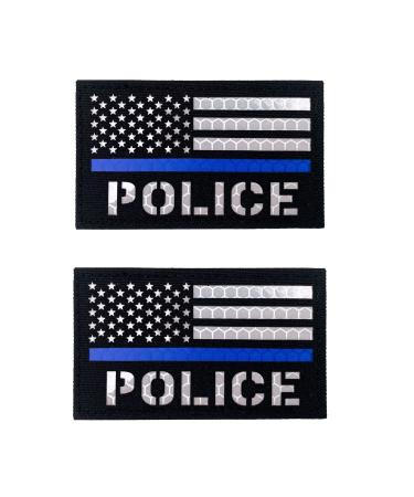 2x3.5 Reflective 2 Pcs Thin Blue Line Police Flag Patch Rubber with Back for Police Hook-Fastener Backing (Thin Blue Line)