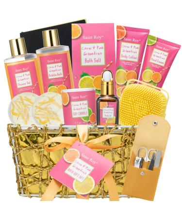 Spa Gift Baskets for Women  Citrus & Pink Grapefruit Scent Spa Gift  16 Pcs Self Care Kit Gifts Including Bubble Bath  Massage Oil  Bath Salt  Bath Bombs & Luxury Birthday Gifts for Women