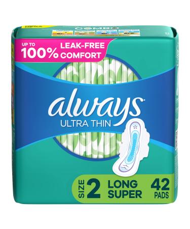 Always Ultra Thin, Feminine Pads For Women, Size 2 Long Super Absorbency, With Wings, Unscented, 42 Count - Buy Online on GoSupps.com