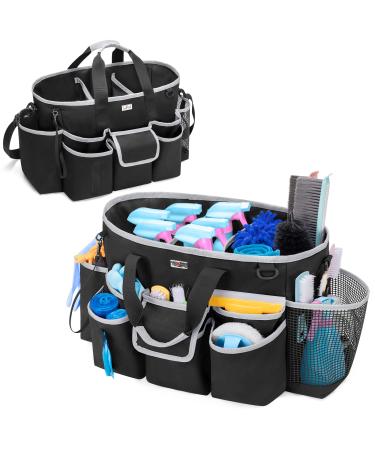 LoDird Cleaning Caddy Bag with 3 Compartments and Multifunctional Pockets Cleaning Supplies Organizer for Cleaning Work with Handle and Shoulder Strap Black and Grey