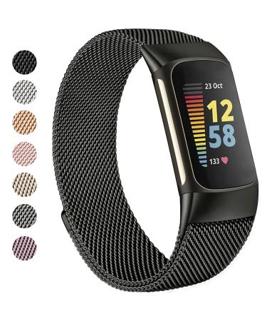 Vancle Metal Bands for Fitbit Charge 5 Band for Women Men, Magnetic Clasp Stainless Steel Mesh Loop Bands for Fitbit Charge 5 (.Black)