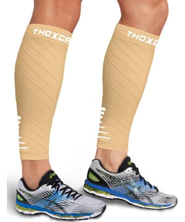 Thoxcare Calf Compression Sleeve for Men Women (2 Pairs), Leg Support Footless Compression Socks for Running - Shin Splint Varicose Veins Swelling & Pain Relief, Beige/White, Medium 2Pairs-Beige/White Medium