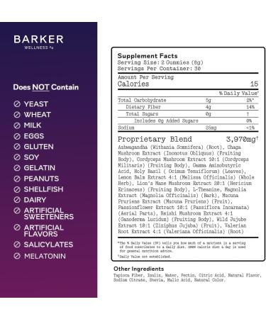 Barker Wellness Nighttime Vegan Sugar-Free Adaptogen Mushroom Gummies Reishi, Lion's Mane, Chaga, Cordyceps for Calm, Rest & Recovery Non-GMO Sleep Support & Relaxation Supplement, 60 Count Nighttime Gummies - Buy Online on GoSupps.com