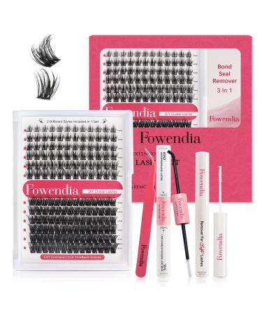 Fowendia DIY Lash Extension Kit - 156 Pcs Eyelash Clusters 10-16mm Mixed with Individual Lashes Cluster Tweezers Waterproof Eyelashes Bond and Seal Glue and Lash Remover for Lash Extensions Easy to Apply at Home D-MIX(10...