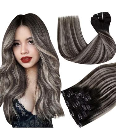 Hetto clip real hair extensions balayage clip in extensions real hair remy hair recovery clip in extensions balayage black with silver # 1b/silver/1b 40cm 120g 40 cm 2-2 # 1b/silver/1b