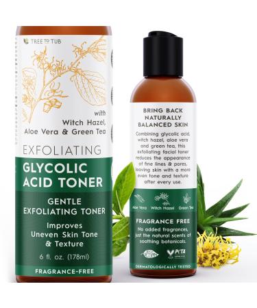 Tree To Tub Glycolic Acid Toner for Face w/Witch Hazel & Hydrating Aloe Vera for Smooth Skin - Minimizes Appearance of Fine Lines & Brightens - Vegan Exfoliating Toner for Women & Men Unscented 6 Fl Oz (Pack of 1)