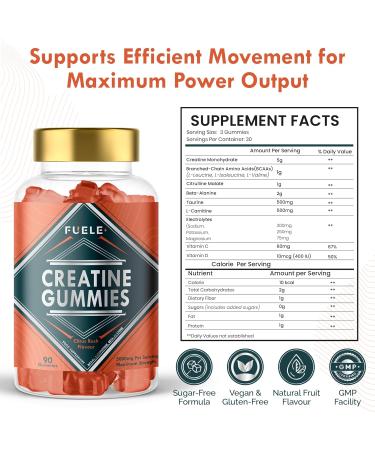FUELE+ Creatine Monohydrate with L-Carnitine Beta-Alanine BCAAs - Enhance Performance and Recovery with Creatine Gummies and Pre Workout for Fitness and Atheletes - 5000mg Per Serving - Buy Online on GoSupps.com