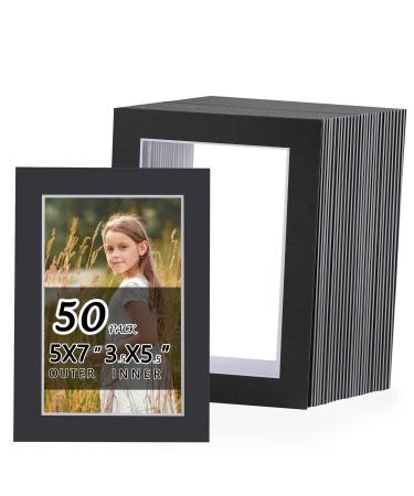 Falling in Art 50 Pack Black Acid Free Pre Cut Mats - 5x7 Picture Frame Mats for 4x6 Photos with Black Core Bevel Cut Matting for Prints, Artwork, and DIY Projects 5" x 7" 50-PCAK Pre-Cut Black