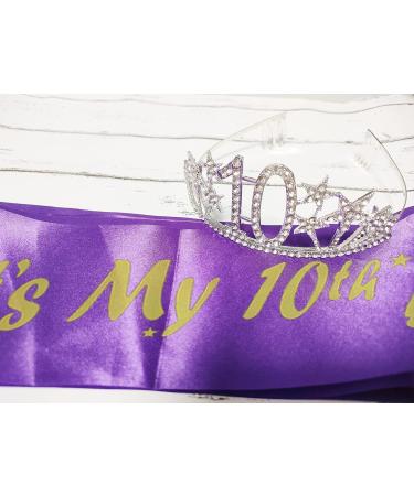 Happy 10th Birthday Tiara and Sash Set - Crystal Rhinestone Princess Crown & Purple Sash - Birthday Party Favor Supplies - Silver Crown - Size 010 - Buy Online on GoSupps.com