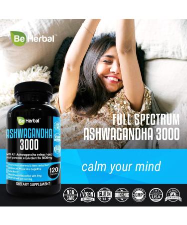 BE HERBAL Premium Organic Ashwagandha 3000mg with Black Pepper (120 Capsules) - Buy Online on GoSupps.com