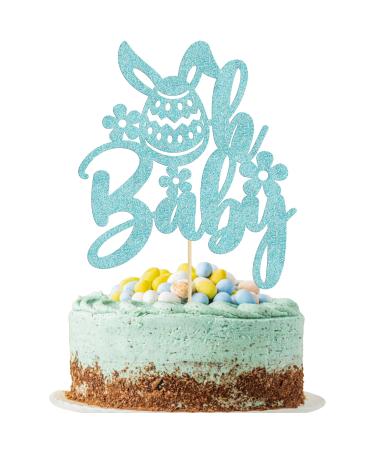 Ephlyn 1Pcs Happy Easter Oh Baby Cake Topper Blue Glitter Easter Bunny Baby Shower Cake Topper Decorations for Easter Day Theme Baby Shower Birthday Party Supplies 13-Blue