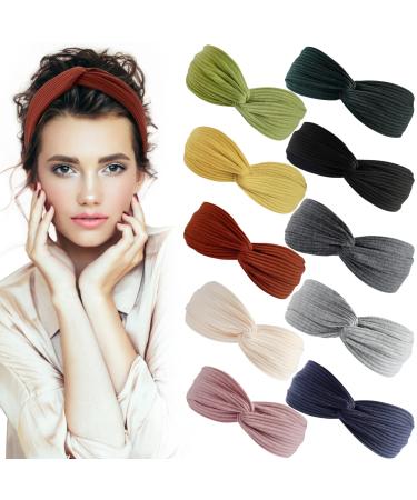 S&N Remille Headbands for Women Boho Headbands Vintage Criss Cross Headwraps Solid Color Head Bands Elastic Head Wraps for Yoga Workout Hair Accessories 10 Pack Set 2
