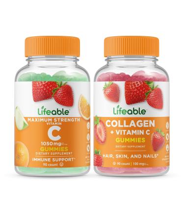 Lifeable Vitamin C 1050mg + Collagen & Vitamin C Gummies Bundle - Great Tasting Vitamin Supplement Gluten Free GMO Free Chewable Gummy