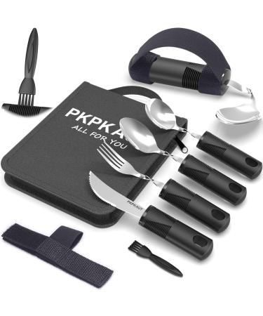 Pkpkaut weighted/bendable Parkinson cutlery for Parkinson's patient with universal cuff disabled cutlery for disabled people with oxford bag grip thickening senior cutlery bending 7-part set