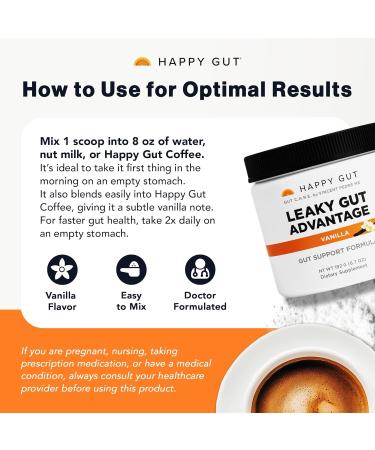 HAPPY GUT Leaky Gut Advantage - Doctor-Formulated Supplement for Discomfort - L-Glutamine N-Acetyl-D-Glucosamine Aloe Vera DGL Zinc - Vanilla Flavor 192g - Buy Online on GoSupps.com