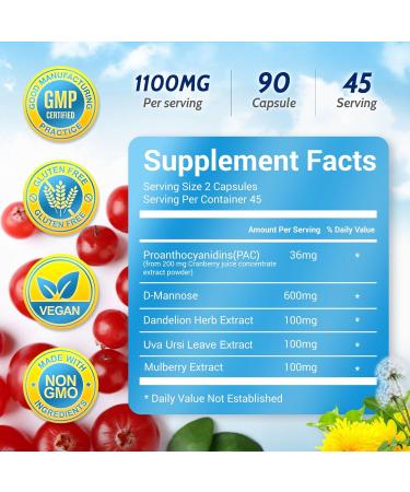 5 in 1 Cranberry Supplement for Women 36mg PAC 100% Soluble D-mannose Dandelion Herb Mulberry Uva Ursi Leaf Natural Urinary Tract Health Support Cranberry Pills UTIs Prevention 90 Caps - Buy Online on GoSupps.com