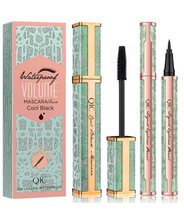 4D Silk Fiber Eyelash Mascara with Liquid Eyeliner, Waterproof Black Cosmetics, Smudge-Proof, Long-Lasting, Thickening, Lengthening, Dramatic Extension, Natural Voluminous Look