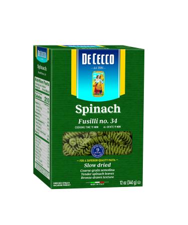 De Cecco Pasta, Spinach Fusilli No.34, 12 OZ (Pack of 12) - Made in Italy, High in Protein & Iron, Bronze die (VKP0034) Spinach Fusilli - 12 Pack