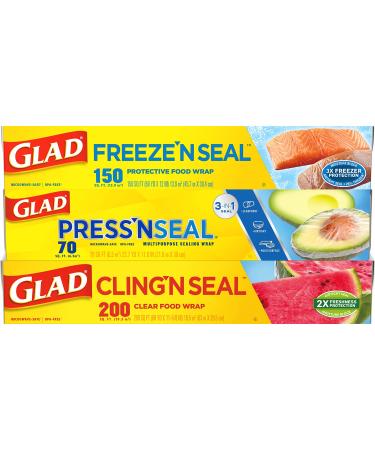 Glad Plastic Food Wrap Variety Pack - Press'n Seal 70 Square Foot Roll, Freeze N Seal 150 Square Foot Roll, Cling N Seal 200 Square Foot Roll ,3 Count (Pack of 1)