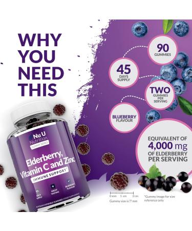 Elderberry Gummies for Adults & Kids (12+) - 90 Vegan Gummies with Sambucus, Vitamin C, & Zinc - Blueberry Flavour - Immune System Booster - Buy Online on GoSupps.com