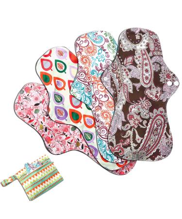 Asenappy 4 PCs Cloth Sanitary Pads Reusable X Large Cloth Menstrual Pads for Heavy Flow Night Use + Wet Bag Multicolor B