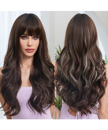 Emmor dark brown wigs for women Long curly wigs with a pony highlight color heat -resistant fiber synthetic wigs daily naturally looking dark brown with highlights