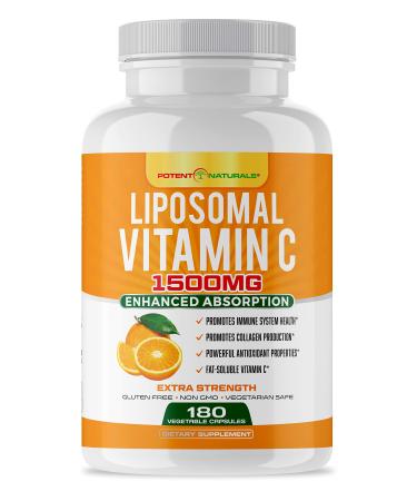 POTENT NATURALS Liposomal Vitamin C 1500mg -180 Vegan Capsules - Vitamin C Fat Soluble Vitamin C High Dose Ascorbic Acid May Support Immune Health Non GMO