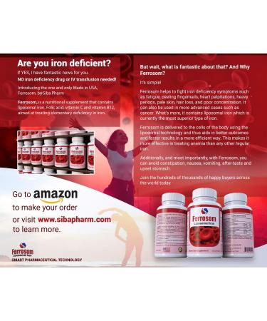 Siba Pharm Liposomal Iron Supplements | Ferrosom Dietary Iron Vitamins with Vitamin C, B12, Folic Acid | Non GMO Vegan | New Blood Cell Production | 30 Capsules - Buy Online on GoSupps.com