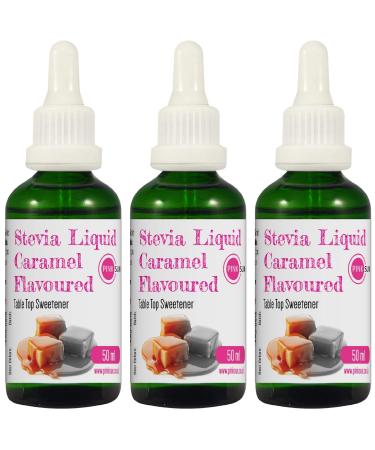 PINK SUN Stevia Liquid Sweetener Drops 50ml Caramel Flavoured x 3 Glass Dropper Bottles Natural Sugar Alternative Replacement Vegetarian Vegan Gluten Free Low Carb Non GM Zero Calories Bulk Buy Caramel x 3