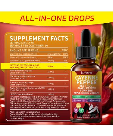 HEERB Cayenne Pepper Drops Vascu Flow Drops with Beet Root Black Pepper Turmeric Vitamin D3 K2 Cayenne Pepper Supplements for Metabolism Circulation Heart Health, Beetroot Flavor, 2 Fl Oz 60 ml - Buy Online on GoSupps.com