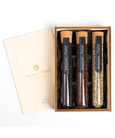 Pepper Field Poivre de Kampot - Noir, Blanc, Poivre de Kampot, Cambodge IGP - Poivre Entier - Ensemble de Tubes en verre dans un Coffret Cadeau (3x75g)